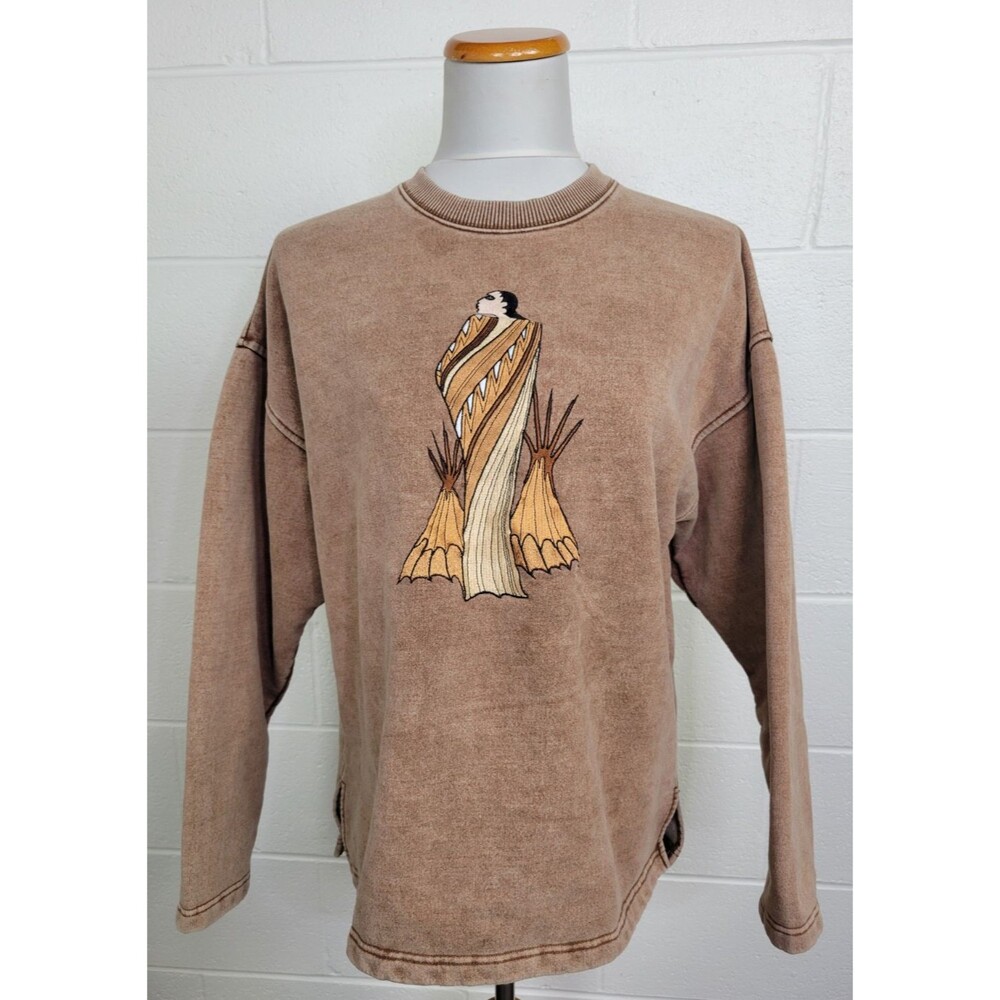 Vtg Fuzzy Stonewash Brown Embroidered Native American‎ Maiden Sweatshirt M?